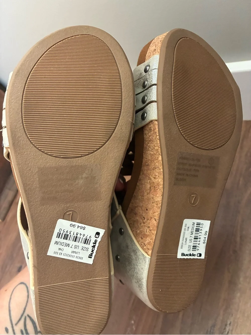 Buckle Very G Women’s 7 Woven Braided Metallic Cork Wedge Sandals Lunar